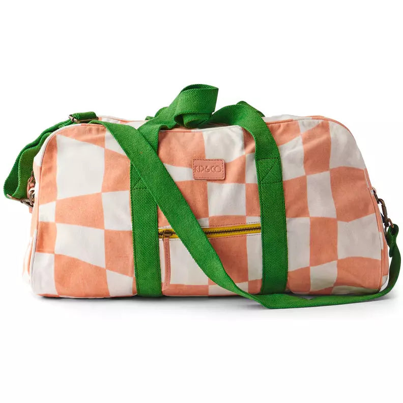 CHECKERBOARD PINK AND WHITE DUFFLE BAG
