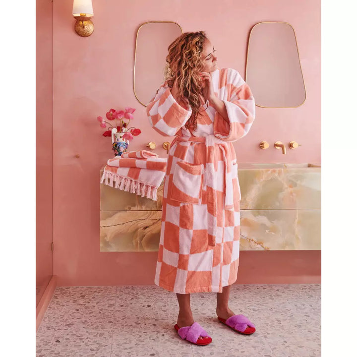 CHECKERBOARD PINK TERRY BATH ROBE