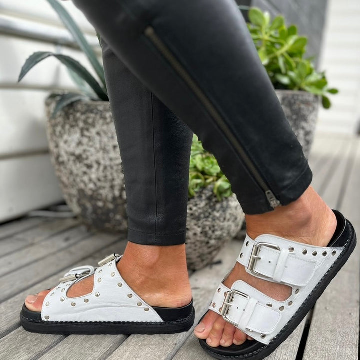 Ziggy Leather Studded-White/Silver  Slides
